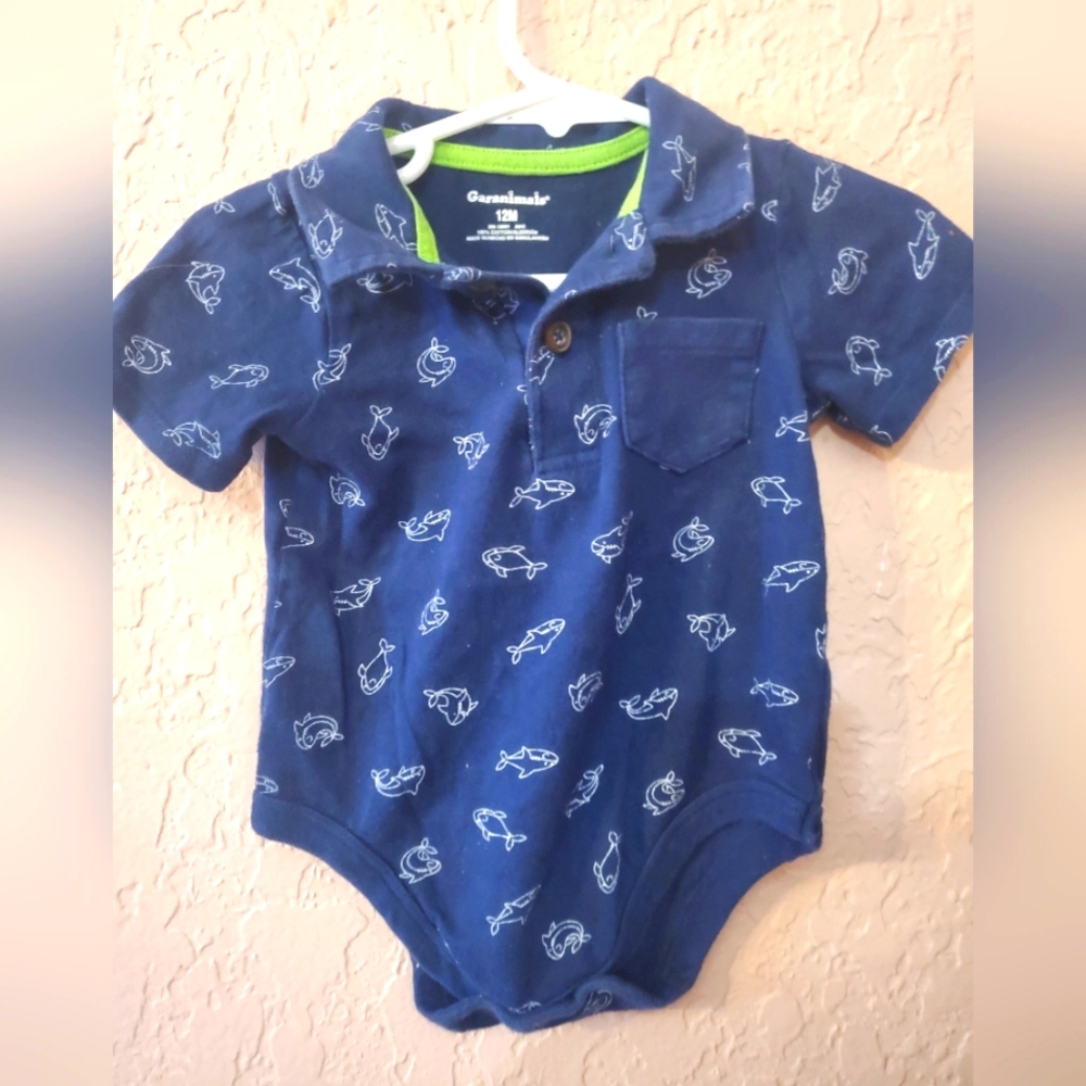 Garanimals shark print bodysuit with buttons size 12 months dark blue and white